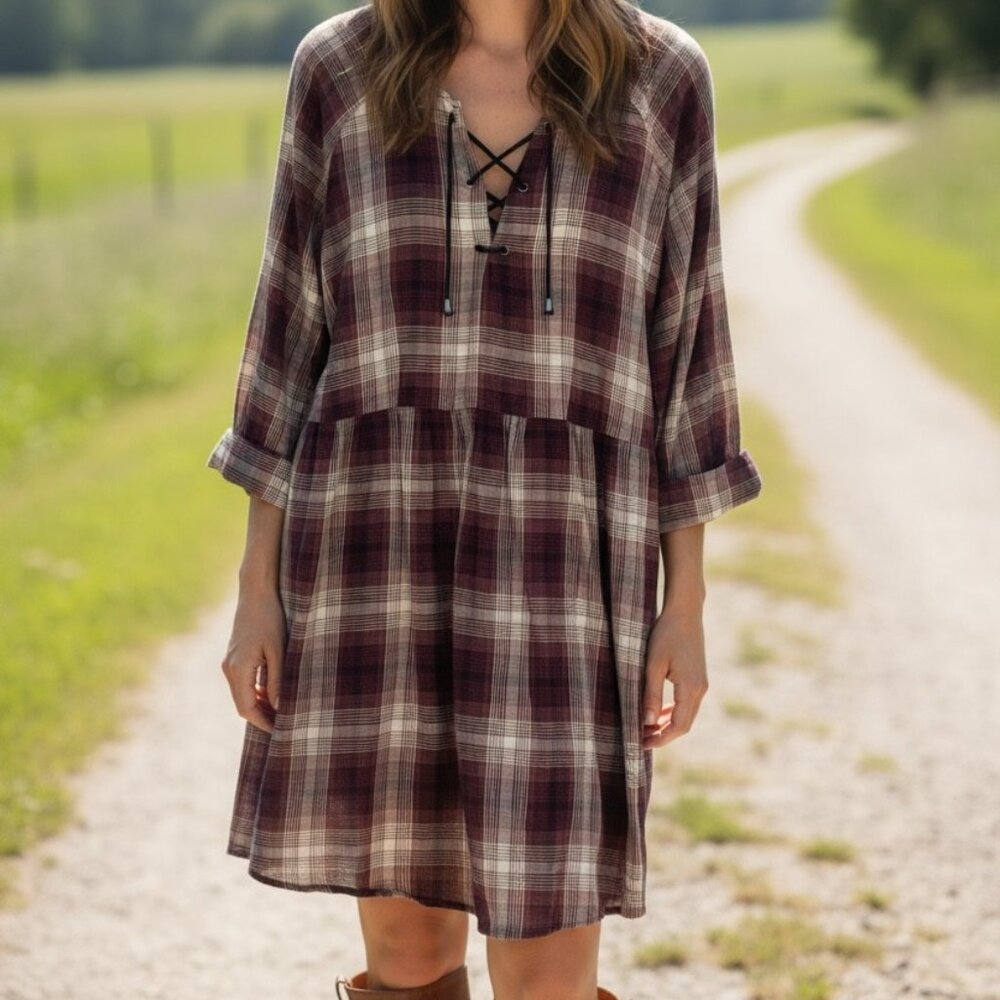 Burgundy Check Plaid Dress • Casual Fall Outfit • Western Boho Style